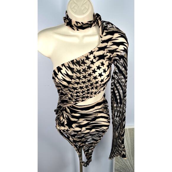 Mugler Star Print One Shoulder Mesh Black and Nude Bodysuit Size L - Picture 6 of 13